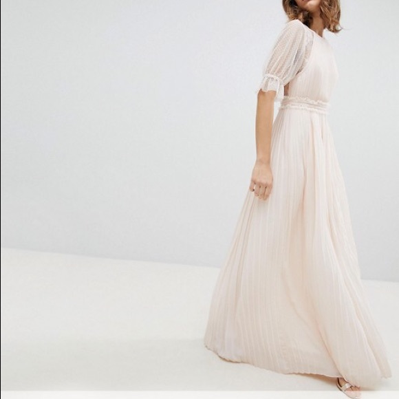 bridesmaid pink pleated mesh maxi dress